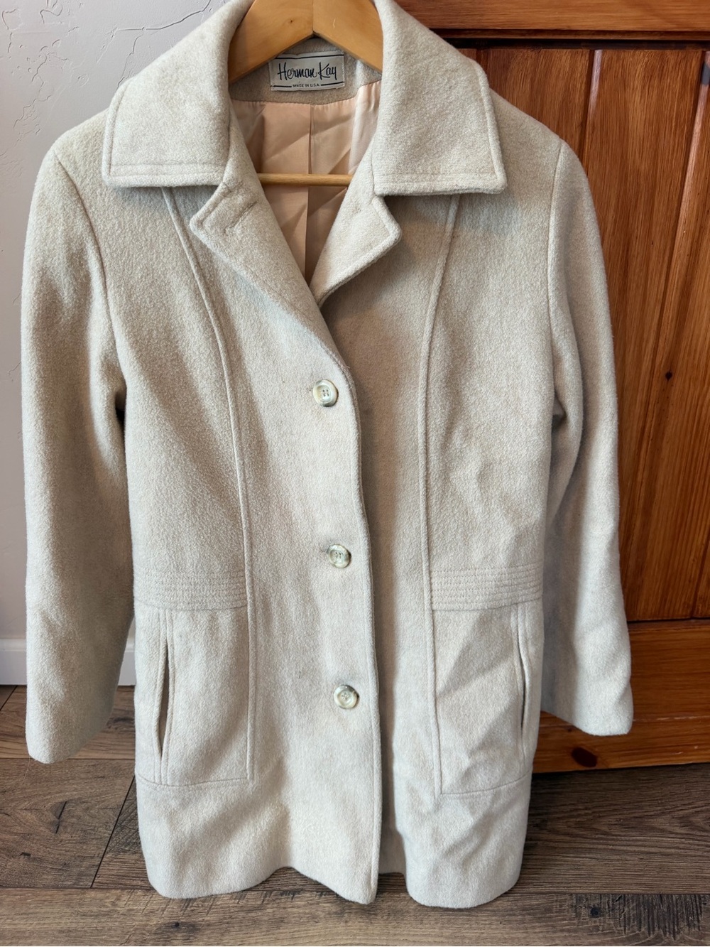 Vintage Herman Kay Cream Wool Blend Car Coat Jacket Size M made in USA